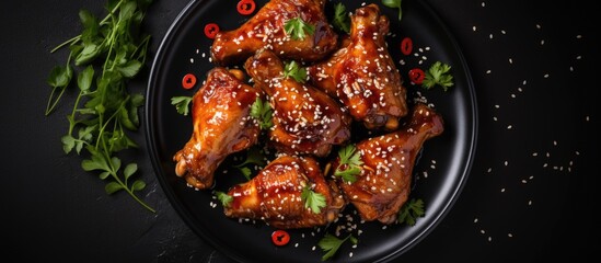 Serving of delicious chicken wings garnished with sesame seeds and fresh parsley on a plate
