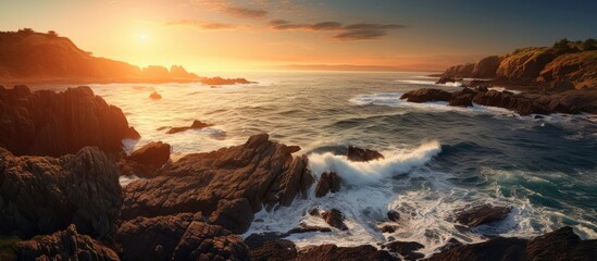 Rocky beach with turbulent waves breaking against the rugged rocks close up