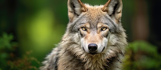 Fototapeta premium A wolf with intense gaze directly looking at the camera in the wild forest setting
