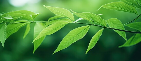 Vibrant green leafy branch in focus with a soft, unfocused background for a peaceful nature scene