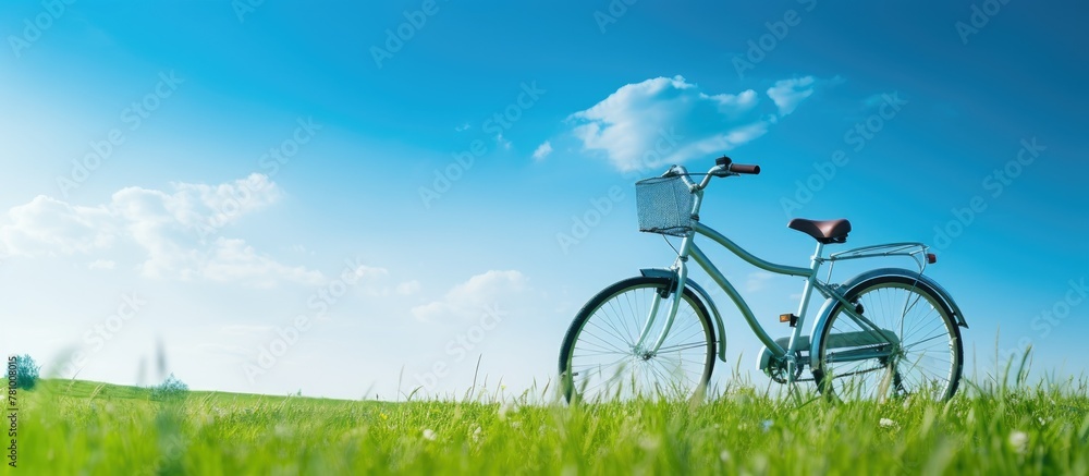 Poster A lone bicycle rests peacefully in a picturesque field of vibrant green grass under the open sky