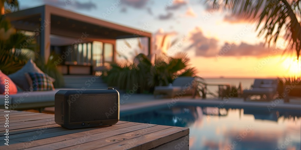 Aufkleber a small speaker is sitting on a wooden table next to a pool. the pool is surrounded by palm trees an