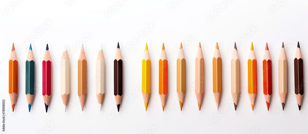 Poster assorted natural colored pencils arranged on a white background with a shallow depth of field