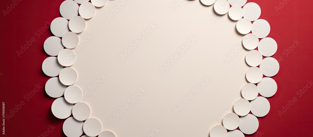 Poster white circular shape surrounded by smaller red circles against a red background