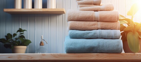Neatly arranged towels stacked on a shelf beside a green potted plant in a cozy setting
