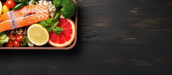 Tray showcasing a variety of diet foods including salmon, broccoli, and grapefruit, neatly arranged for a balanced meal