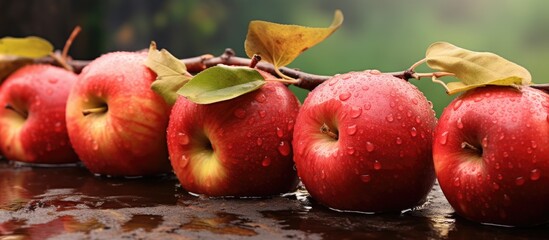 Fresh apples neatly arranged in a row, each glistening with water droplets, creating a visually appealing display.