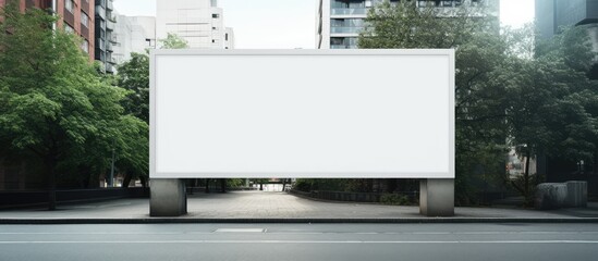 Billboard stands on a busy urban street surrounded by lush trees and tall buildings