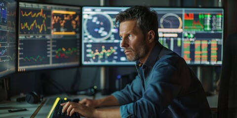 A man is sitting in front of a computer monitor with multiple screens displaying financial data. He is focused on the screen in front of him. Concept of concentration and seriousness