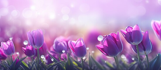 Vibrant purple tulips illuminated by the sunlight, creating a beautiful bokeh effect around them