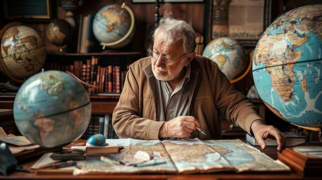 An older man with a distinguished appearance lost in thought as he studies a complex map spread out before him surrounded by globes and other tools of research. .