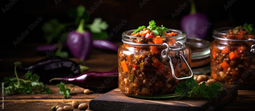 Wall mural Freshly chopped vegetables in a jar placed on a wooden cutting board