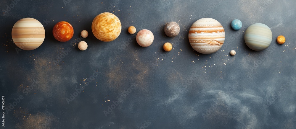 Aufkleber various planets are arranged on a black surface with a dark background, creating a celestial scene