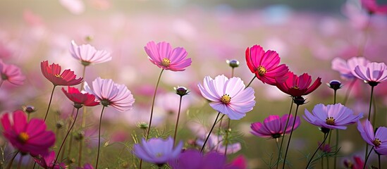 Pink and white flowers fill the field in a vibrant display of colors under the sky