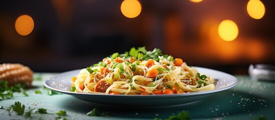 Pasta dish with sliced carrots and fresh parsley presented on a table surface