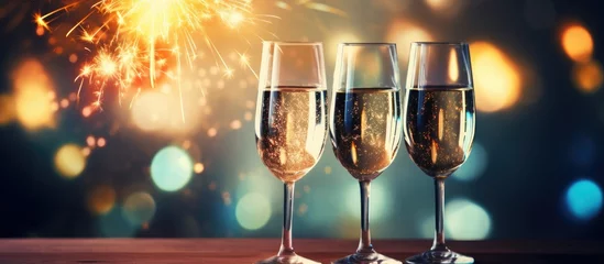 Fototapeten Three elegant glasses filled with champagne set against a festive background of sparkling sparklers © Ilgun