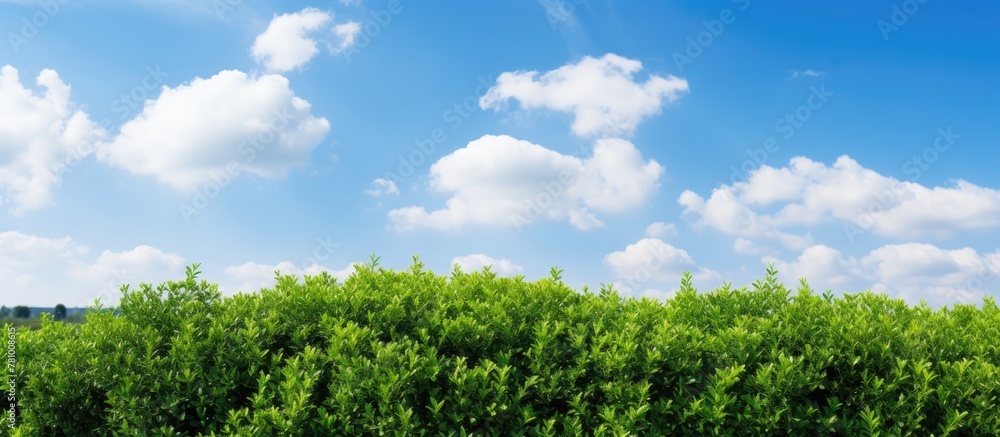 Poster the scenery depicts an open field with sparse bushes and a sky filled with fluffy clouds