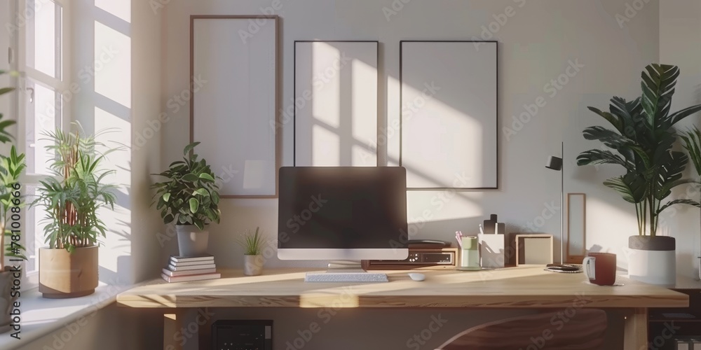 Poster a computer desk with a computer monitor, keyboard, mouse, and a few potted plants. the desk is in a 