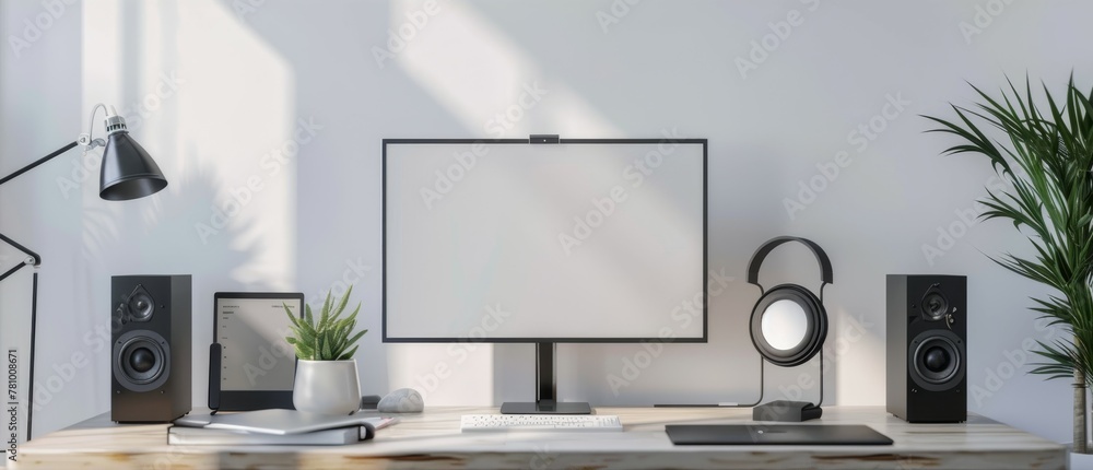Poster a computer desk with a monitor, keyboard, mouse, and speakers. the desk is in a room with a window a