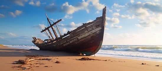 A peaceful scene as a boat is parked on the sandy beach close to the tranquil waters - obrazy, fototapety, plakaty
