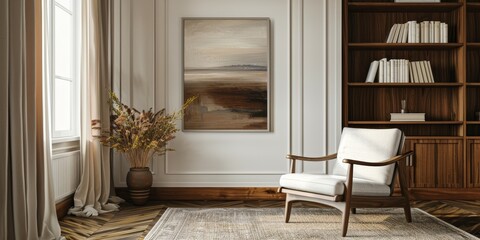 Fototapeta premium A room with a white chair and a painting on the wall. The painting is of a beach scene