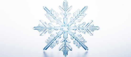Detailed view of an individual snowflake resting on a white surface against a soft light blue background