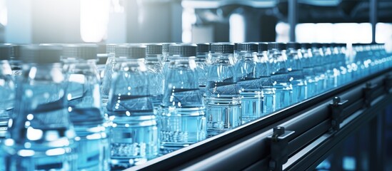 Water bottles are arranged in a row on a conveyor belt while being transported for bottling from glass containers