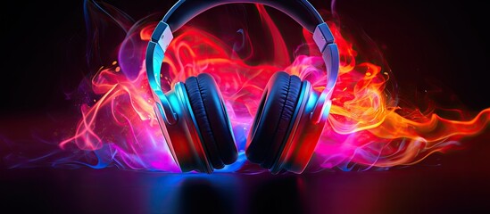 Vivid headphones emitting fiery glow displayed against a dark background - obrazy, fototapety, plakaty