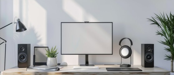 A computer desk with a monitor, keyboard, mouse, and speakers. The desk is in a room with a window and a potted plant