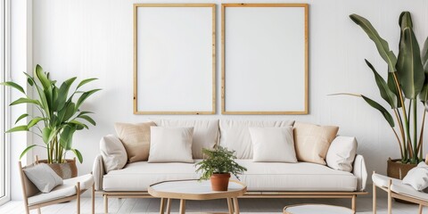 A living room with a white couch, a coffee table, and two empty picture frames. The room has a modern and minimalist design, with a focus on the white furniture and the potted plants