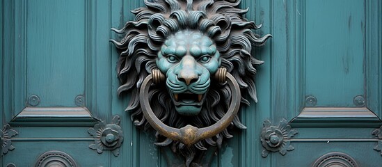 Entrance door in Warsaw featuring ornate lion head handles on both sides - obrazy, fototapety, plakaty