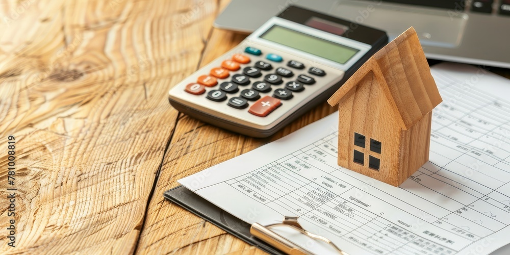 Poster a calculator, a house and a piece of paper with numbers on it. the calculator is on the left side of