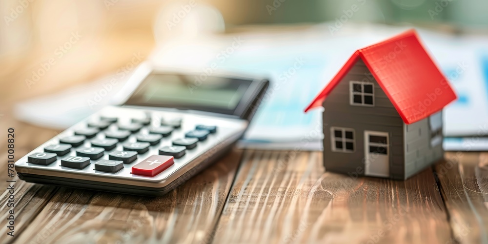 Poster a calculator sits on a wooden table next to a house model. the calculator is red and black with a re