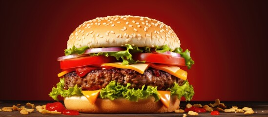 A mouthwatering close-up of a burger featuring juicy lettuce, ripe tomato, melted cheese, and sliced onion