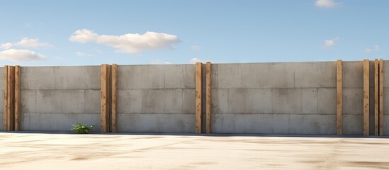 Fototapeta premium Wooden posts and a planter in front of a concrete wall