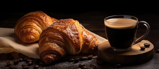 Croissant and coffee arranged on a table, accompanied by a giraffe figurine and coffee beans - obrazy, fototapety, plakaty