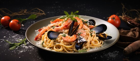 Creamy pasta dish with a combination of salmon, shrimp, mussels, and Grana Padano cheese served together