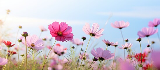 Colorful cosmos flowers are in full bloom, creating a stunning display in a field under a beautiful blue sky