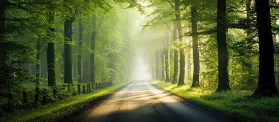 Obraz premium Lush forest scenery with a winding road lined with tall trees and grass