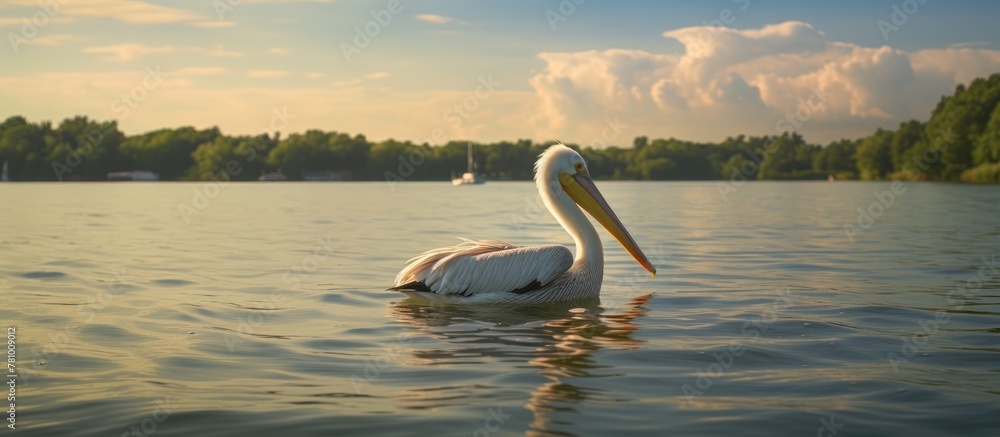 Wall mural The serene image shows a beautiful white bird peacefully floating on the calm waters