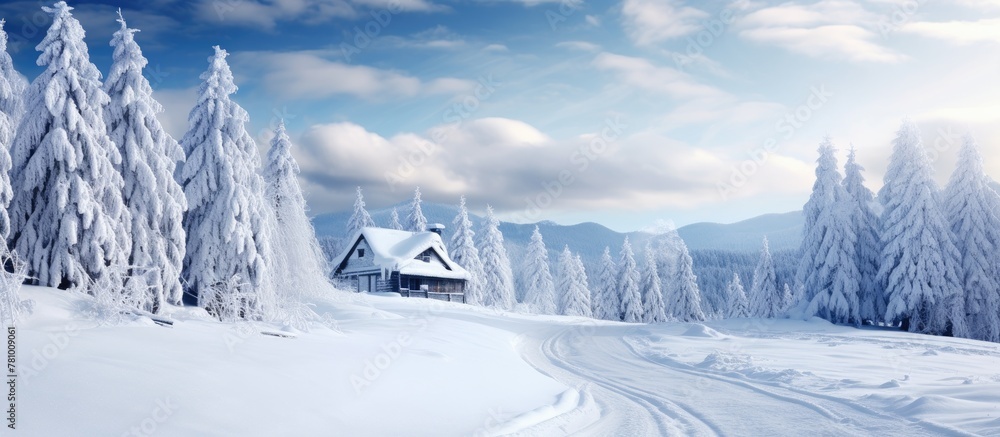 Poster cozy wooden cabin surrounded by snow-covered trees in a serene forest setting