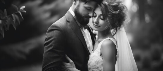 Newlywed couple in an affectionate embrace on their wedding day, surrounded by love and happiness