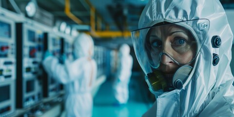 A woman in a white lab coat and goggles is looking at a computer screen. She is wearing a gas mask and is surrounded by other people in lab coats. Scene is serious and focused