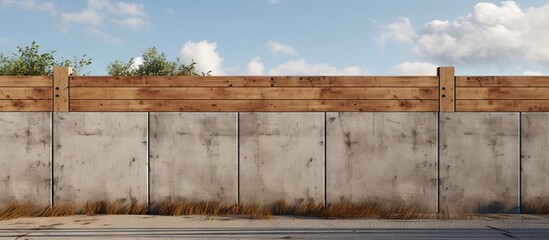 Concrete wall adorned with a wooden fence found alongside a street showcasing urban landscape
