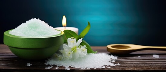 Close-up view of a candle placed next to a bowl of sea salt