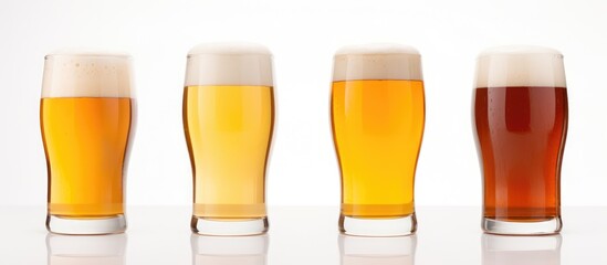 Arranged orderly, three glasses of beer are placed in a row, ready to be enjoyed