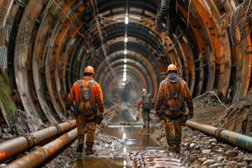 Construction workers navigate through a large underground tunnel project, highlighting the scale...