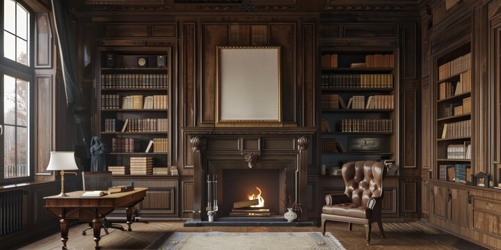 A large room with a fireplace and a large bookcase. The room is very spacious and has a cozy atmosphere