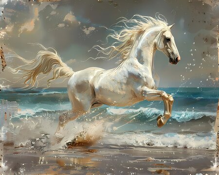 portrait oil painting features  a majestic  white horse galloping on the beach, luxury vintage moody farmhouse wall art, digital art print, wallpaper, background
