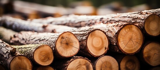 In a lush forest setting, a close-up shows a neat stack of wooden logs against a backdrop of trees.
